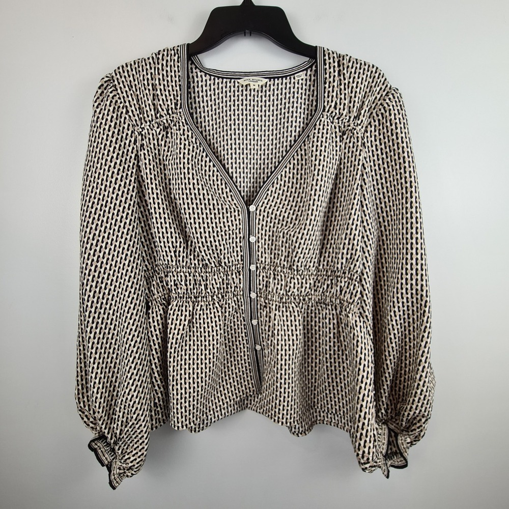 Max Studio London Womens Tan Black Geometric Peplum Balloon Sleeve Blouse M
